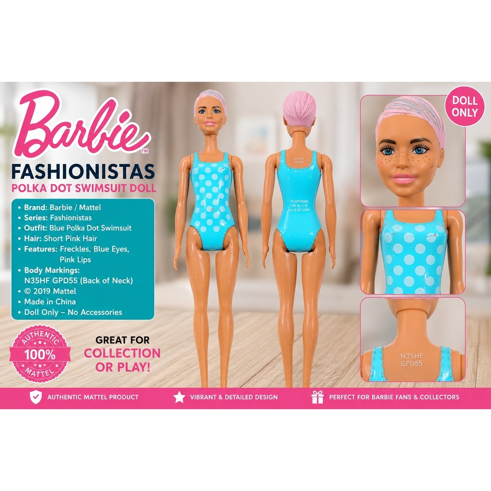 Mattel Barbie Fashionistas Polka Dot Swimsuit Doll Pink Hair Freckles GPD55 2019